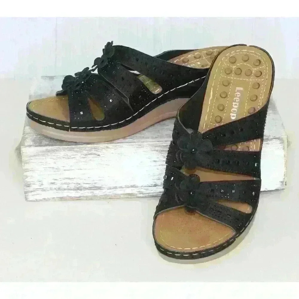 Leepop Faux Leather Embellished‎ Rhinestone Preppy Boho Casual Women's Sandal Sz